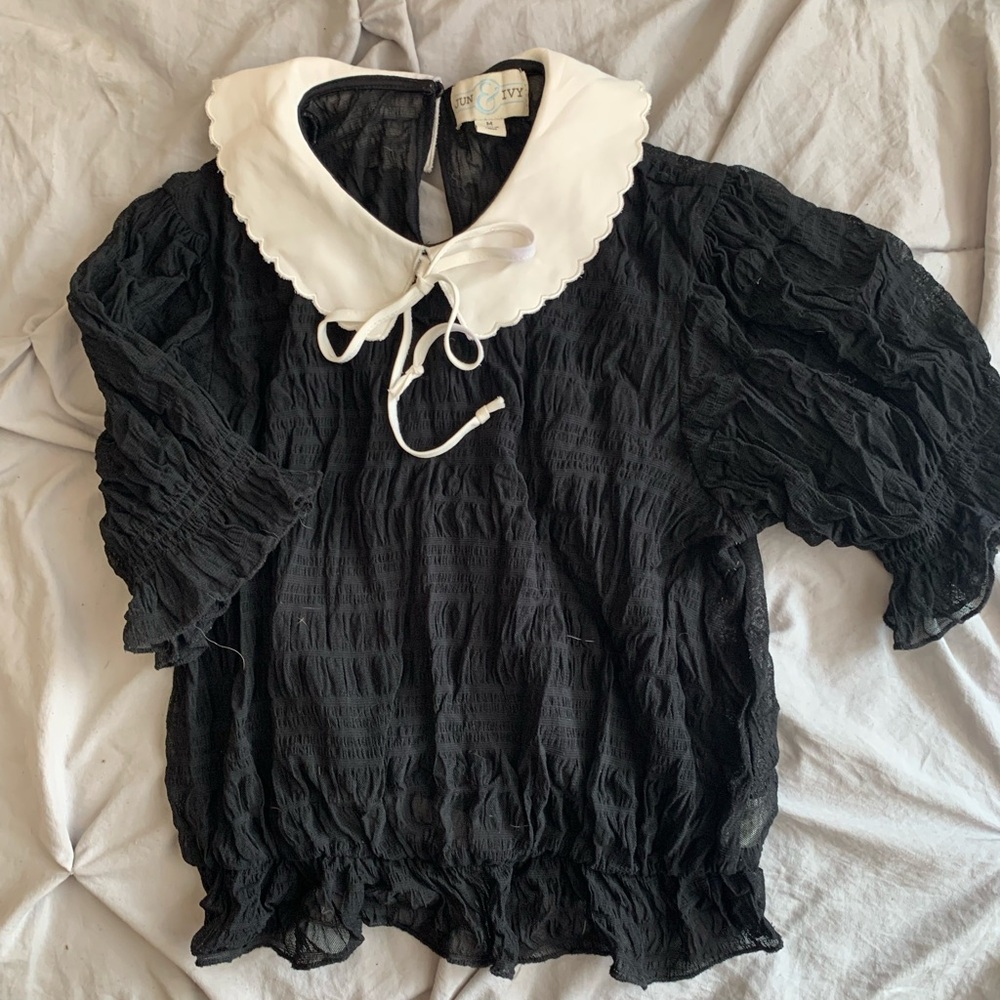 Jun & Ivy Black Sheer Short Sleeve Ruched Blouse Peter Pants Collar Bow Crop Top